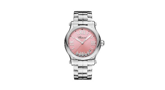 A silver watch with a pink dial by Chopard, available at Windsor Jewelers.