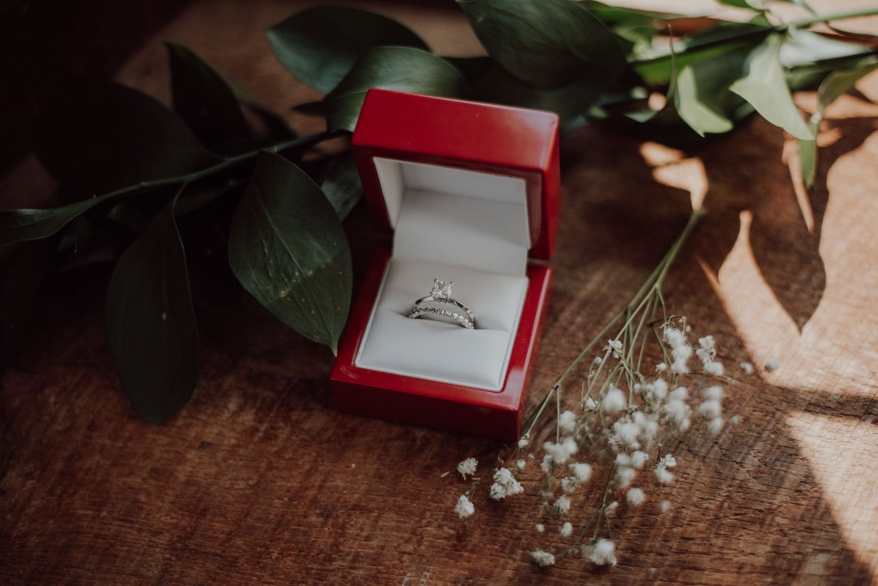 A diamond engagement ring and wedding ring in a red and white box among flowers.