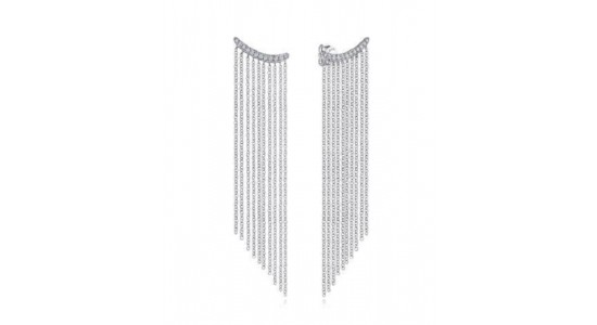 a pair of white gold chandelier earrings with long chains