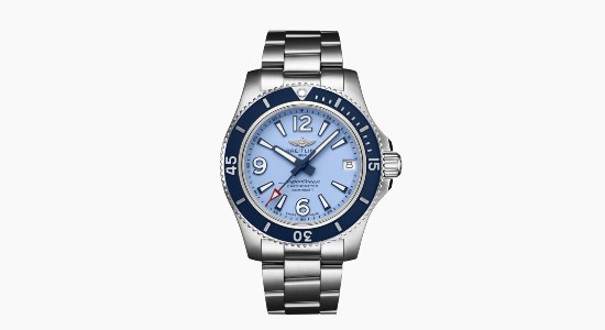 a navy, light blue, and silver Superocean watch by Breitling