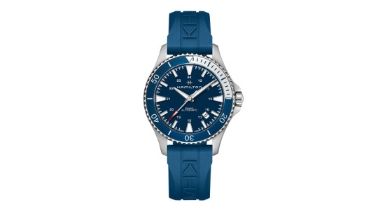 a blue and silver scuba watch by Hamilton