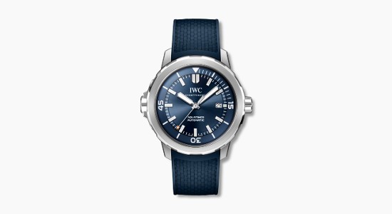 a silver and navy Aquatimer watch by IWC