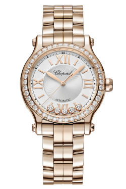 Chopard Ladies Happy Sport 33mm Automatic in 18K Rose Gold with 5 Floating Diamonds in the dial