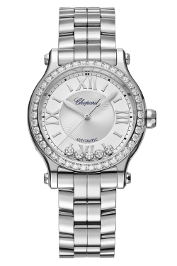 Chopard Ladies Happy Sport 33mm Automatic in Stainless Steel with 5 Floating Diamonds in the dial and 42 Diamonds mounted in the bezel