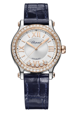 Chopard Ladies Happy Sport 33mm Automatic in Stainless Steel and 18K Rose Gold with 5 Floating Diamonds in the dial and 42 Diamonds mounted in the bezel