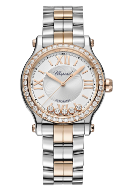 Chopard Ladies Happy Sport 33mm Automatic in Stainless Steel and 18K Rose Gold with 5 Floating Diamonds in the dial